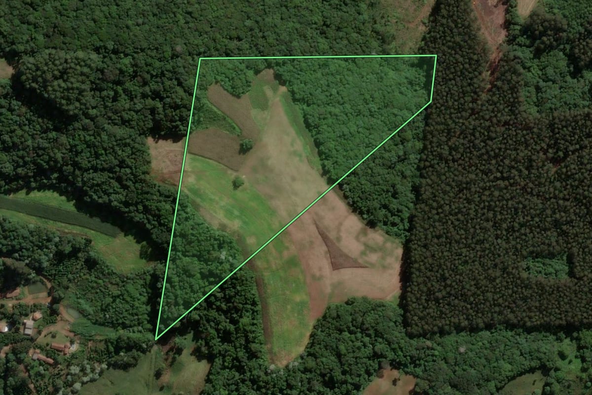 Imagem de satélite do imóvel rural em Presidente Castello Branco (SC), com o contorno declarado no CAR desenhado por cima.