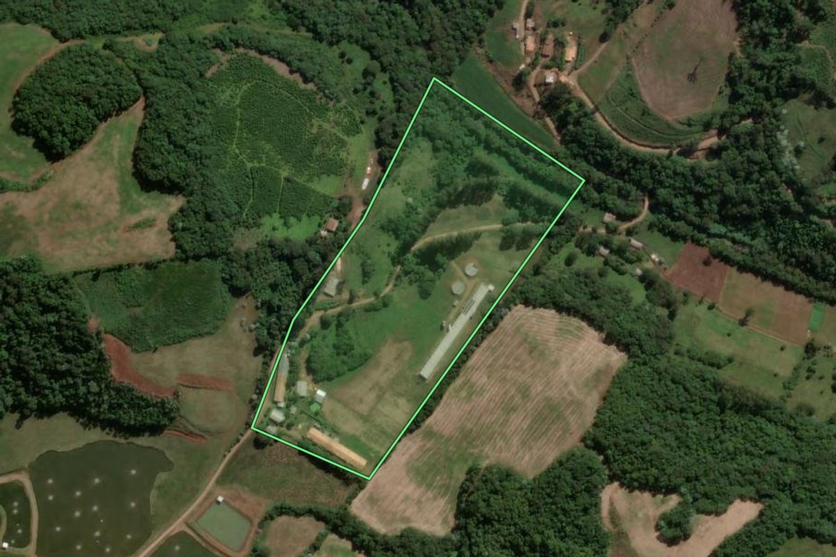 Imagem de satélite do imóvel rural em Presidente Castello Branco (SC), com o contorno declarado no CAR desenhado por cima.