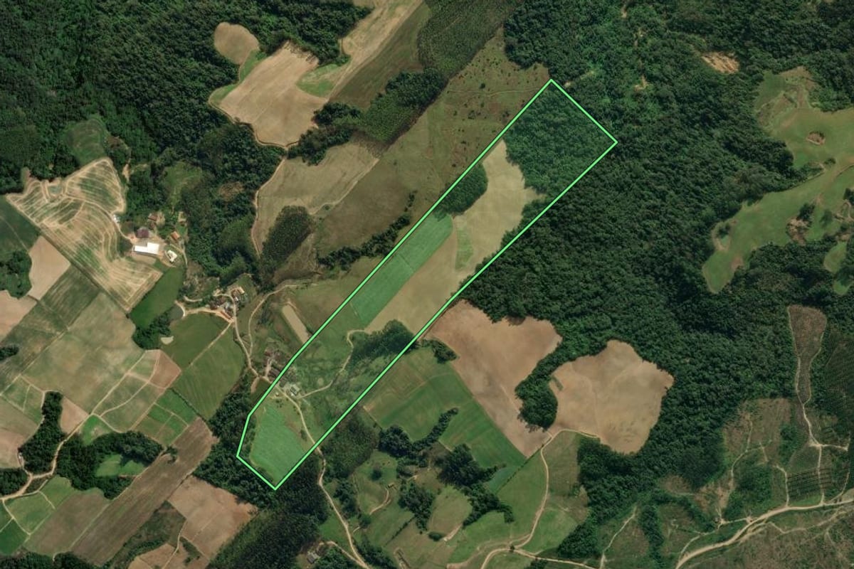Imagem de satélite do imóvel rural em Presidente Getúlio (SC), com o contorno declarado no CAR desenhado por cima.