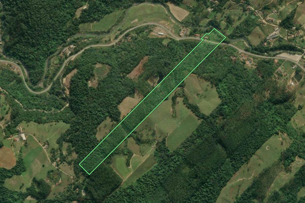 Imagem de satélite do imóvel rural em Presidente Getúlio (SC), com o contorno declarado no CAR desenhado por cima.