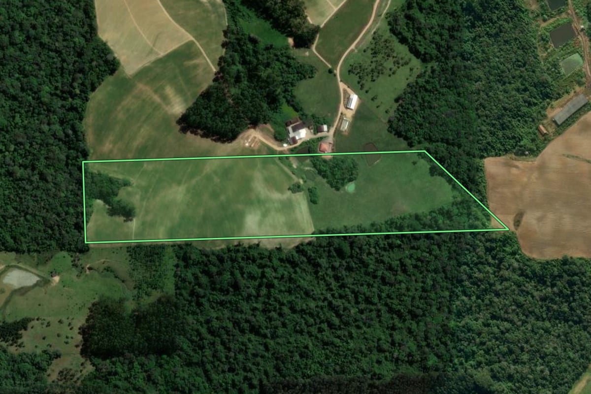 Imagem de satélite do imóvel rural em Presidente Getúlio (SC), com o contorno declarado no CAR desenhado por cima.