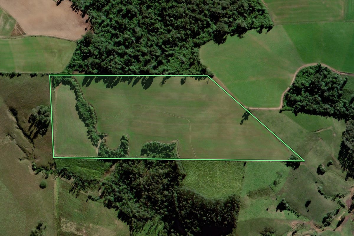 Imagem de satélite do imóvel rural em Presidente Getúlio (SC), com o contorno declarado no CAR desenhado por cima.