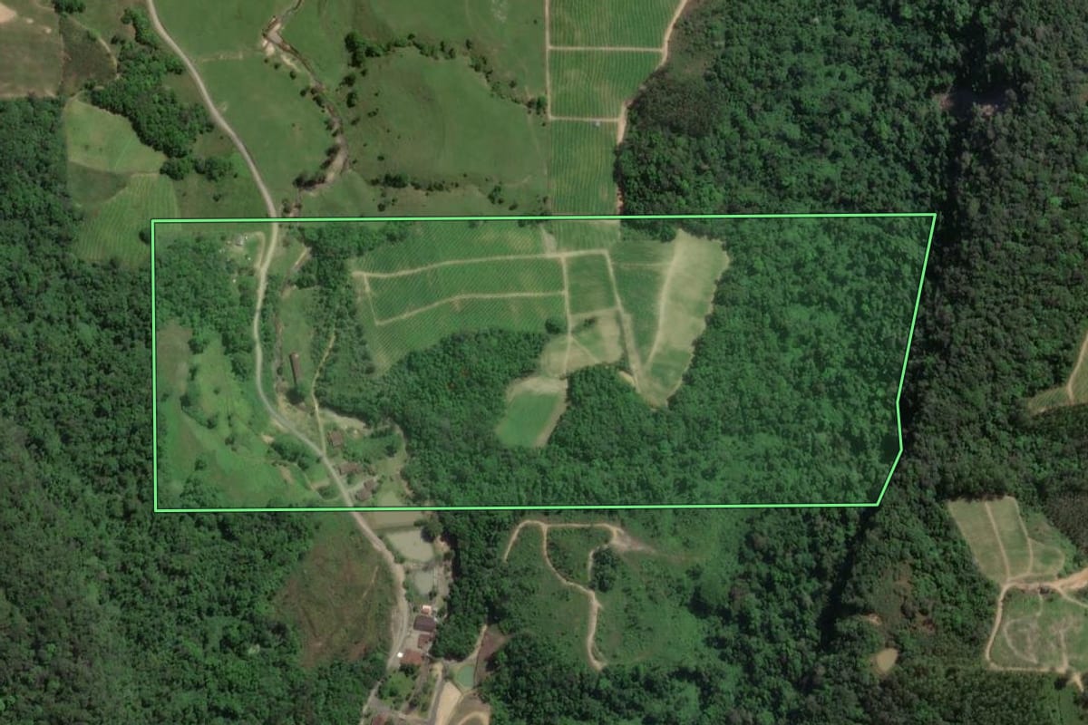 Imagem de satélite do imóvel rural em Presidente Getúlio (SC), com o contorno declarado no CAR desenhado por cima.