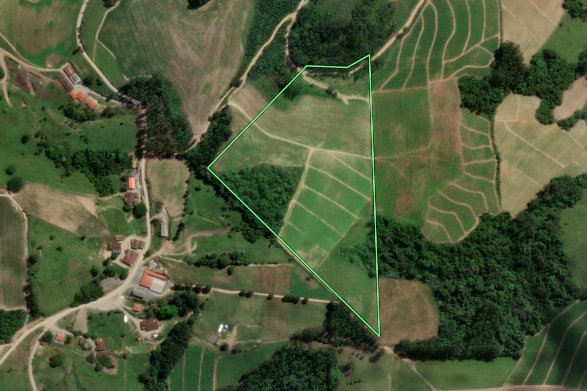 Imagem de satélite do imóvel rural em Presidente Getúlio (SC), com o contorno declarado no CAR desenhado por cima.