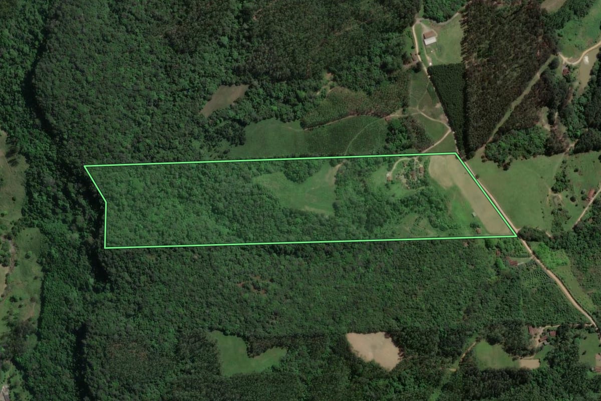 Imagem de satélite do imóvel rural em Presidente Getúlio (SC), com o contorno declarado no CAR desenhado por cima.