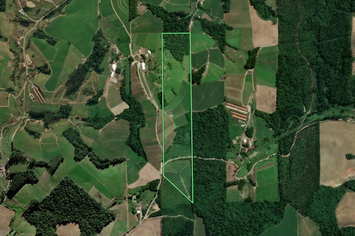 Imagem de satélite do imóvel rural em Presidente Getúlio (SC), com o contorno declarado no CAR desenhado por cima.