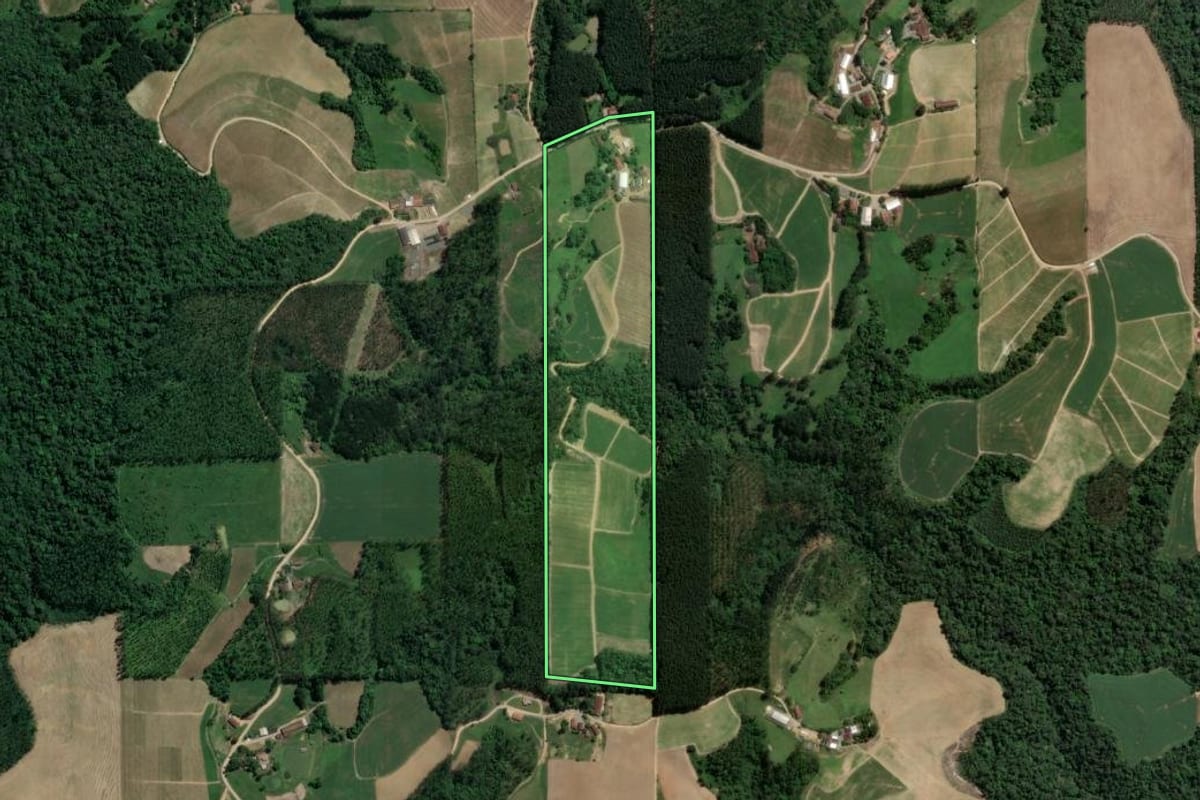 Imagem de satélite do imóvel rural em Presidente Getúlio (SC), com o contorno declarado no CAR desenhado por cima.