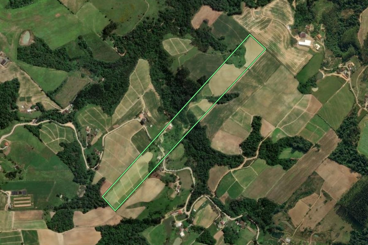 Imagem de satélite do imóvel rural em Presidente Getúlio (SC), com o contorno declarado no CAR desenhado por cima.