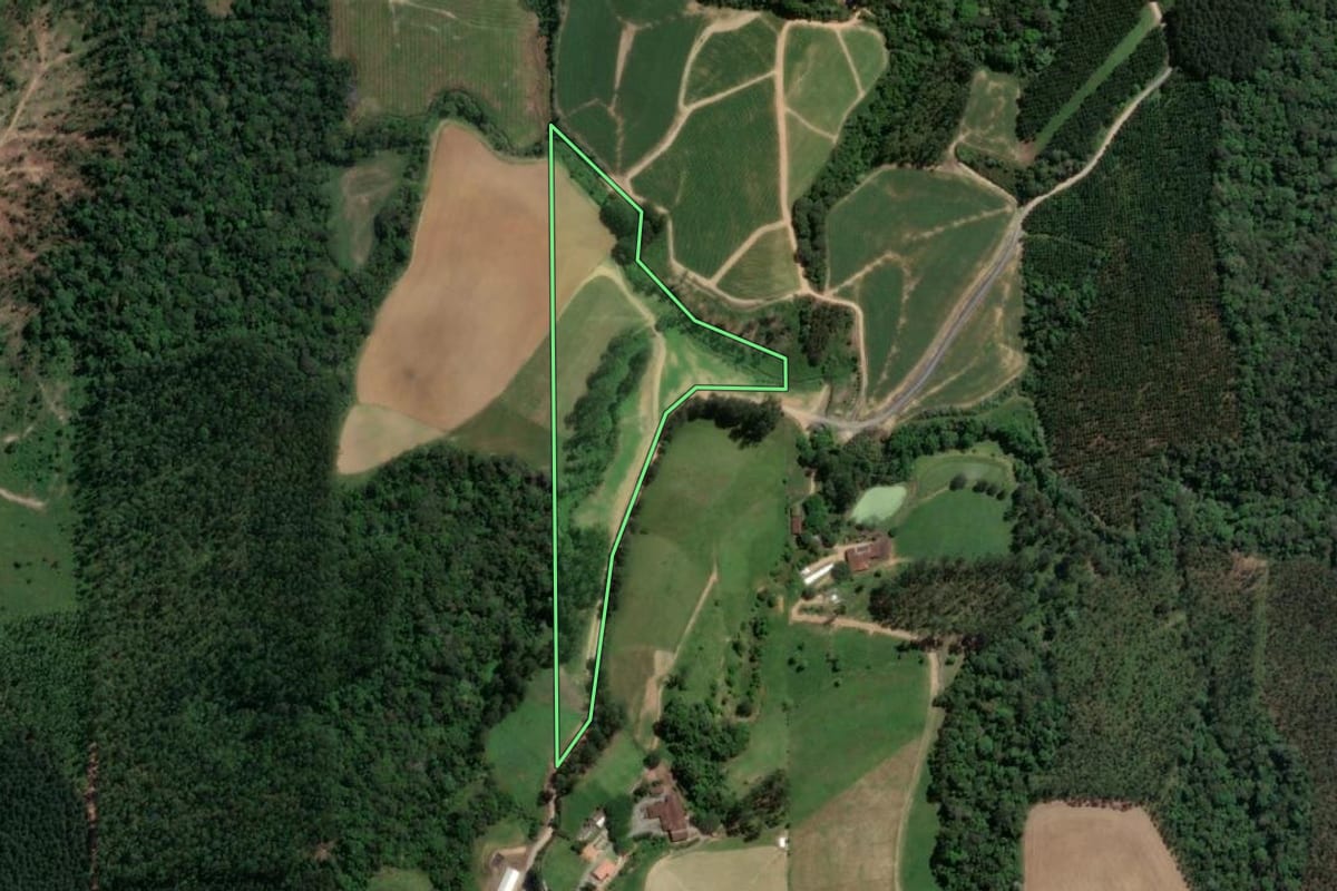 Imagem de satélite do imóvel rural em Presidente Getúlio (SC), com o contorno declarado no CAR desenhado por cima.