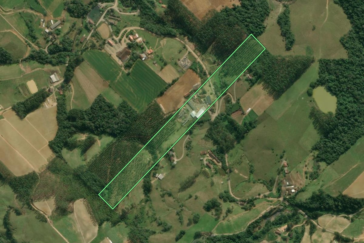 Imagem de satélite do imóvel rural em Presidente Getúlio (SC), com o contorno declarado no CAR desenhado por cima.