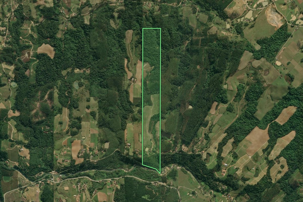 Imagem de satélite do imóvel rural em Presidente Getúlio (SC), com o contorno declarado no CAR desenhado por cima.