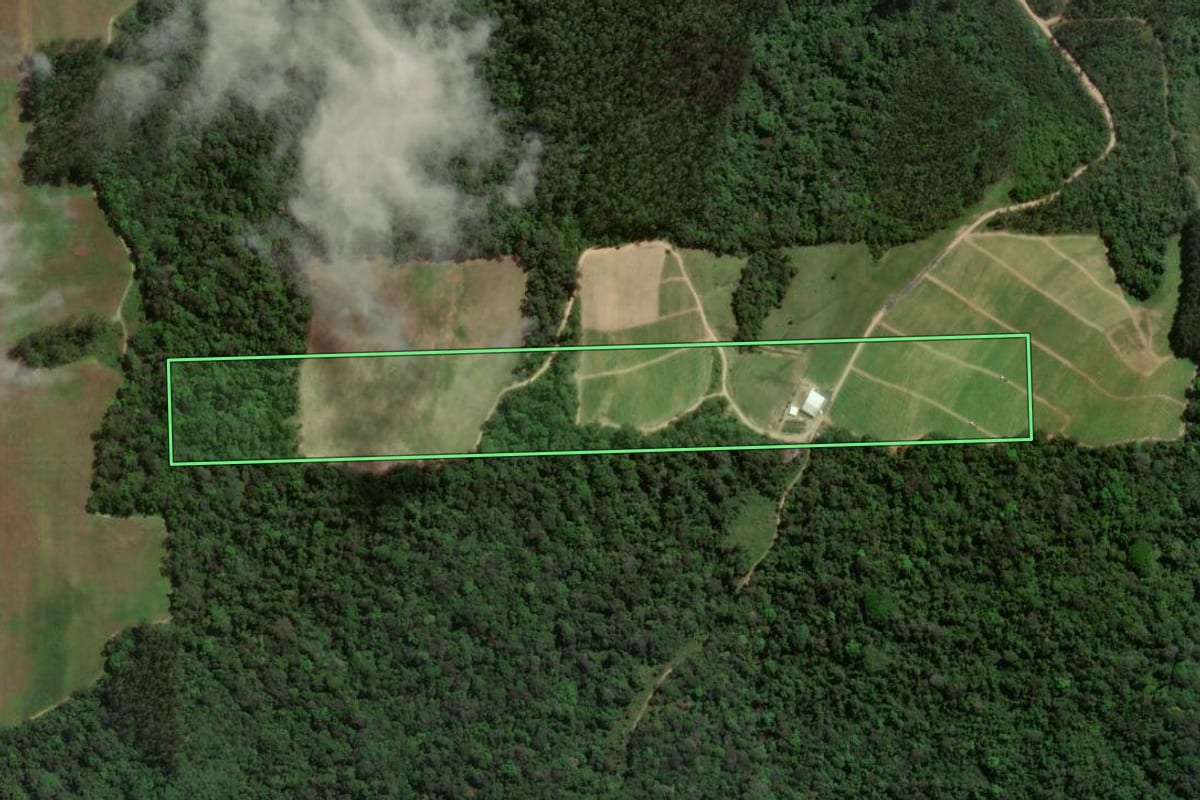 Imagem de satélite do imóvel rural em Presidente Getúlio (SC), com o contorno declarado no CAR desenhado por cima.