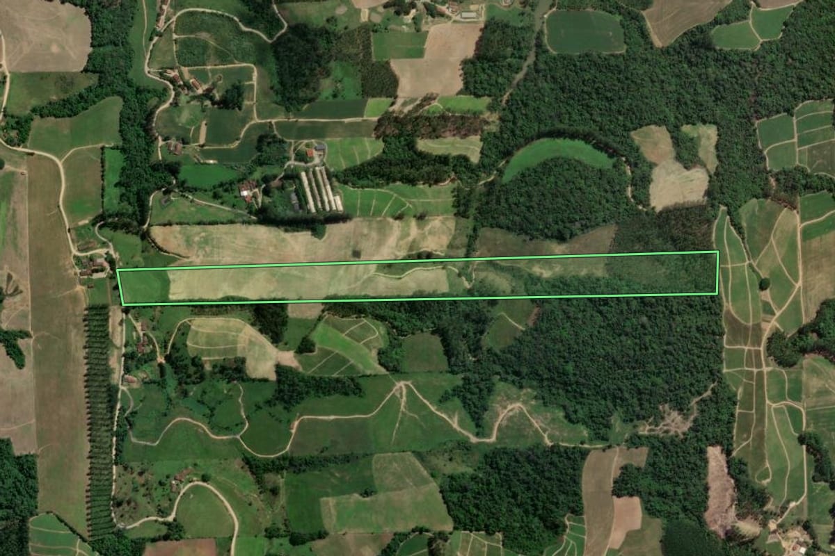 Imagem de satélite do imóvel rural em Presidente Getúlio (SC), com o contorno declarado no CAR desenhado por cima.