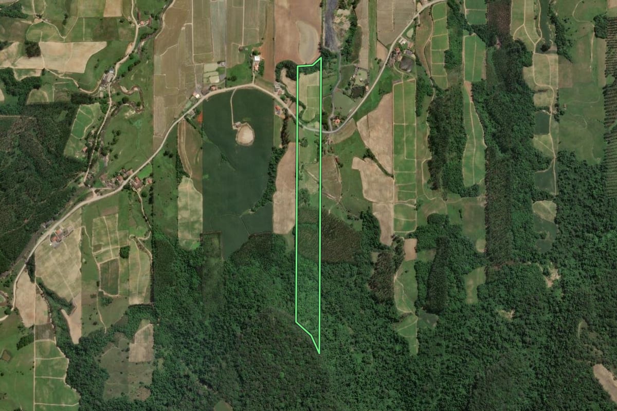 Imagem de satélite do imóvel rural em Presidente Getúlio (SC), com o contorno declarado no CAR desenhado por cima.