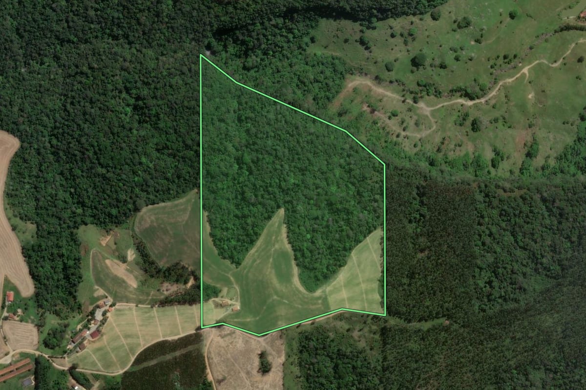 Imagem de satélite do imóvel rural em Presidente Getúlio (SC), com o contorno declarado no CAR desenhado por cima.