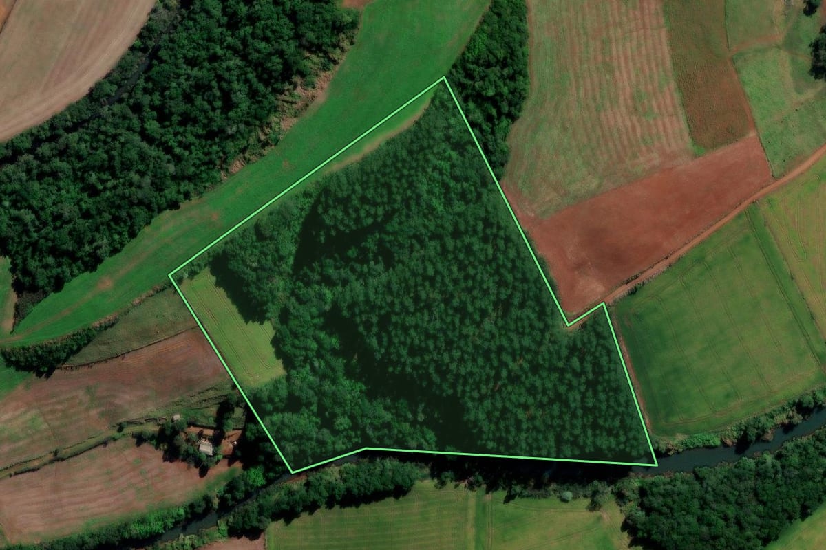 Imagem de satélite do imóvel rural em Quilombo (SC), com o contorno declarado no CAR desenhado por cima.