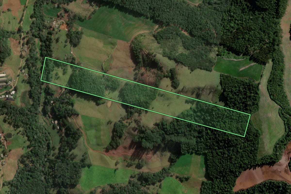 Imagem de satélite do imóvel rural em Quilombo (SC), com o contorno declarado no CAR desenhado por cima.