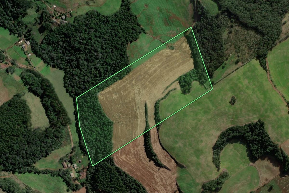 Imagem de satélite do imóvel rural em Quilombo (SC), com o contorno declarado no CAR desenhado por cima.