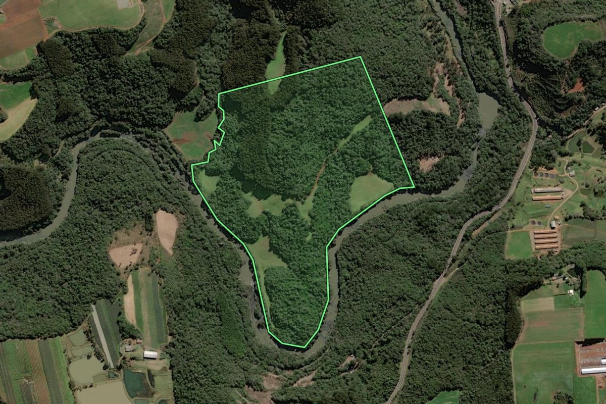 Imagem de satélite do imóvel rural em Rio das Antas (SC), com o contorno declarado no CAR desenhado por cima.