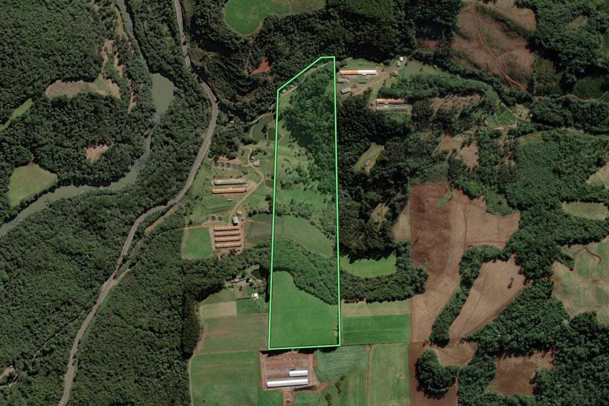 Imagem de satélite do imóvel rural em Rio das Antas (SC), com o contorno declarado no CAR desenhado por cima.