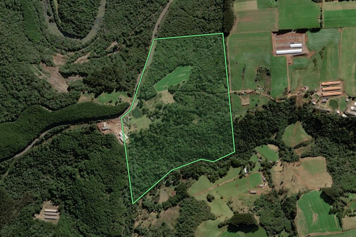 Imagem de satélite do imóvel rural em Rio das Antas (SC), com o contorno declarado no CAR desenhado por cima.