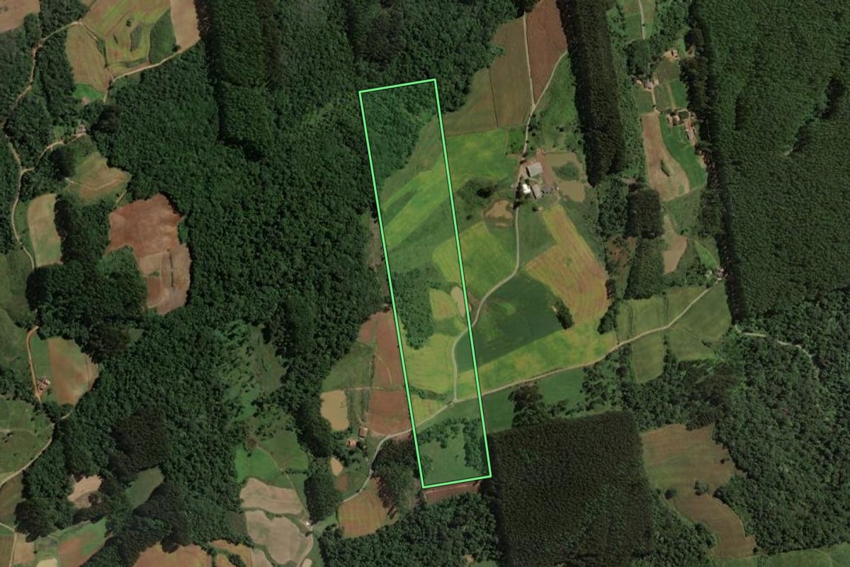 Imagem de satélite do imóvel rural em Rio do Campo (SC), com o contorno declarado no CAR desenhado por cima.