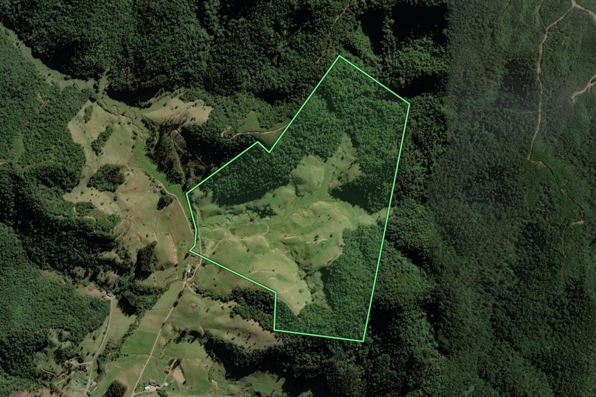 Imagem de satélite do imóvel rural em Rio do Campo (SC), com o contorno declarado no CAR desenhado por cima.