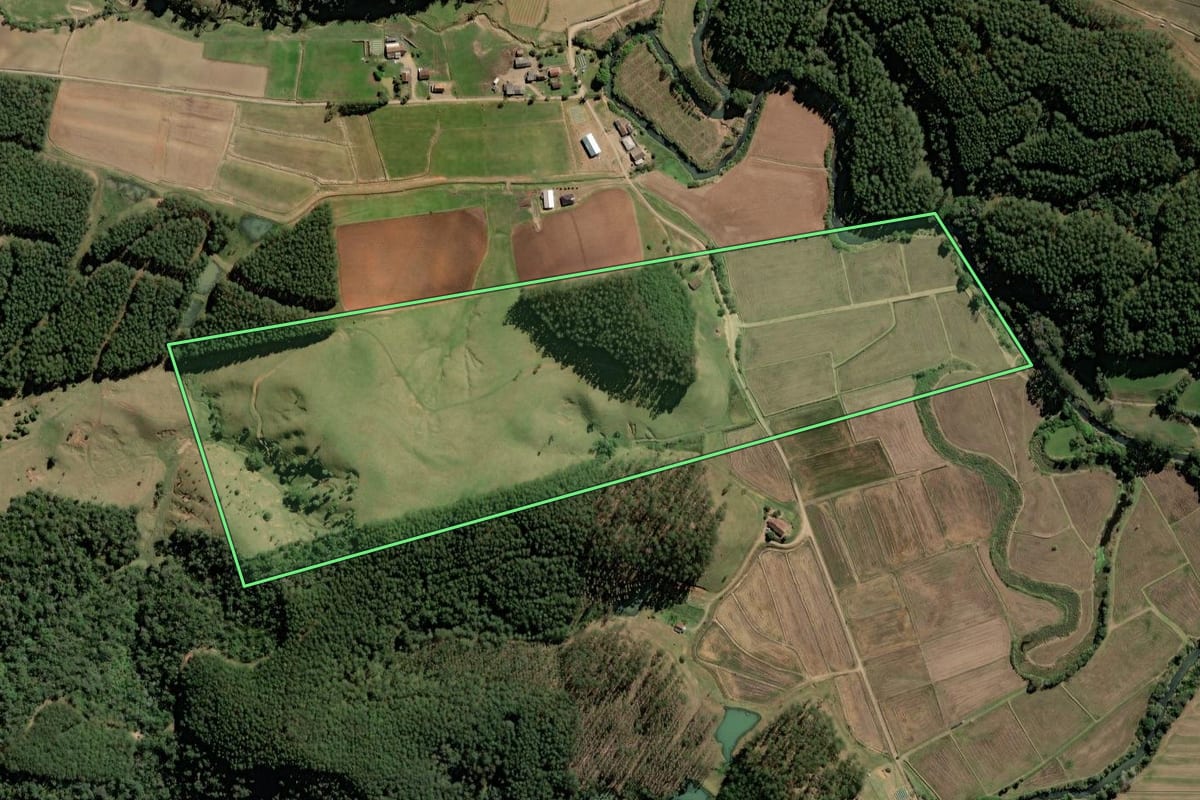 Imagem de satélite do imóvel rural em Rio do Campo (SC), com o contorno declarado no CAR desenhado por cima.