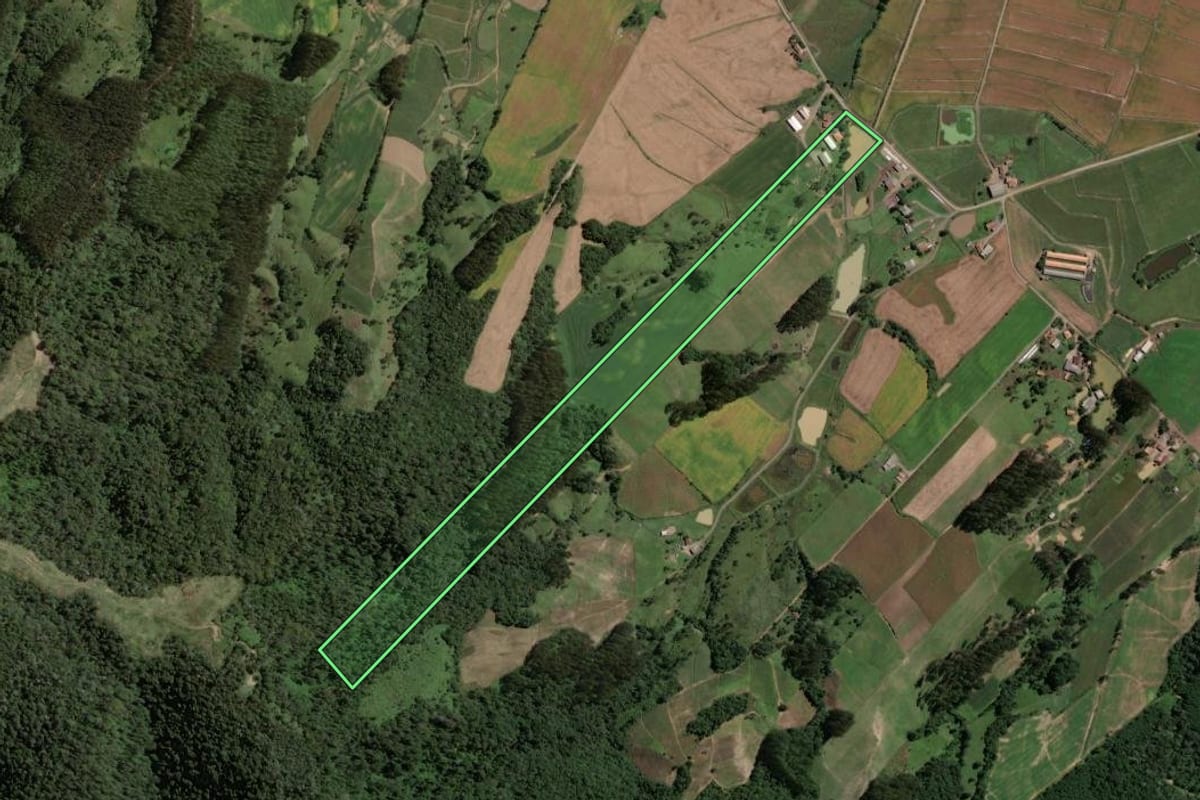 Imagem de satélite do imóvel rural em Rio do Campo (SC), com o contorno declarado no CAR desenhado por cima.