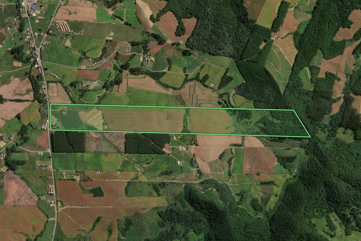 Imagem de satélite do imóvel rural em Rio do Campo (SC), com o contorno declarado no CAR desenhado por cima.