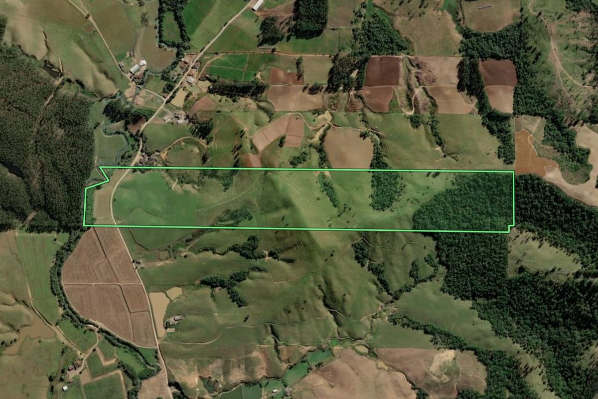 Imagem de satélite do imóvel rural em Rio do Campo (SC), com o contorno declarado no CAR desenhado por cima.