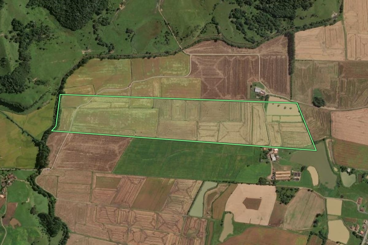 Imagem de satélite do imóvel rural em Rio do Campo (SC), com o contorno declarado no CAR desenhado por cima.