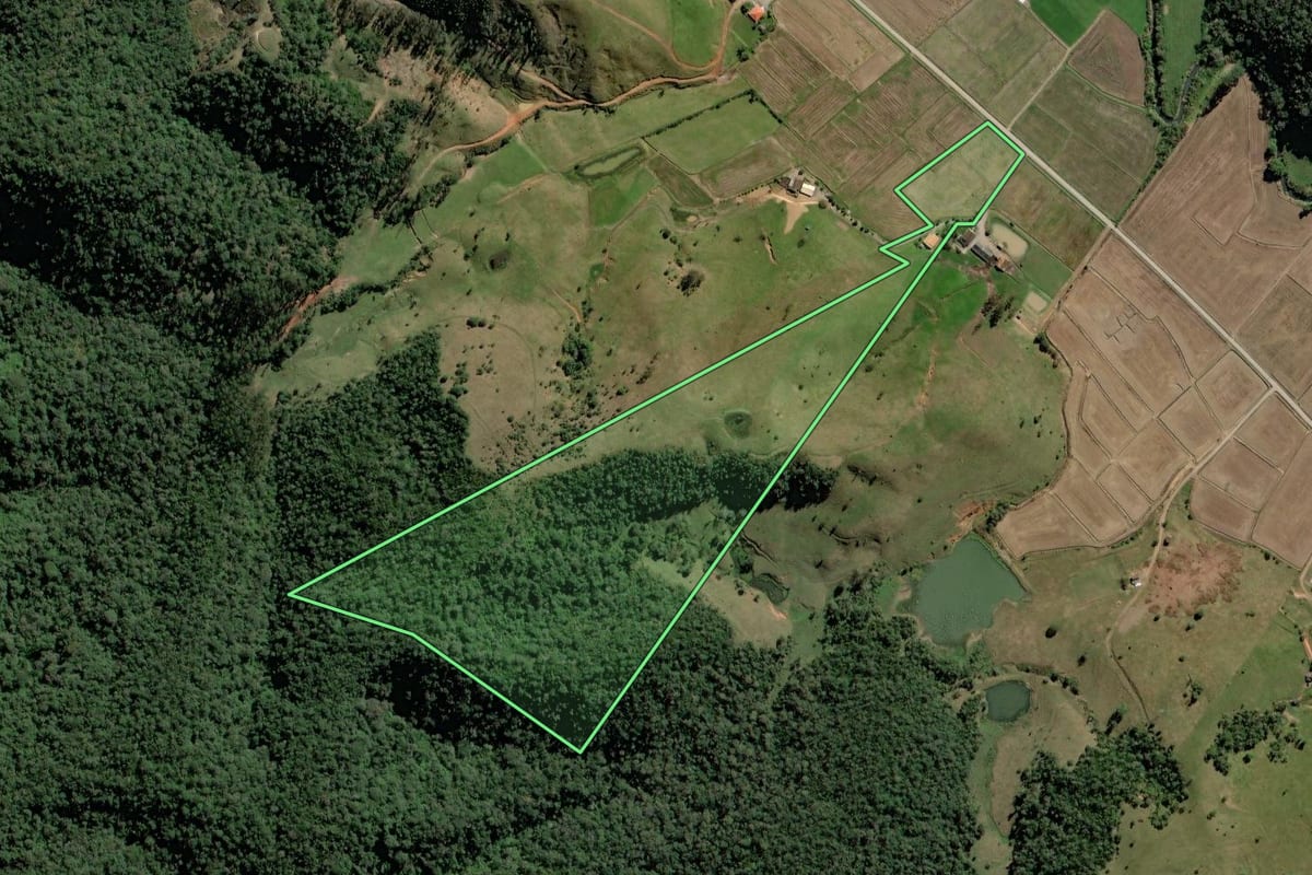 Imagem de satélite do imóvel rural em Rio do Campo (SC), com o contorno declarado no CAR desenhado por cima.