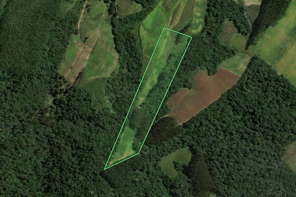 Imagem de satélite do imóvel rural em Rio do Campo (SC), com o contorno declarado no CAR desenhado por cima.