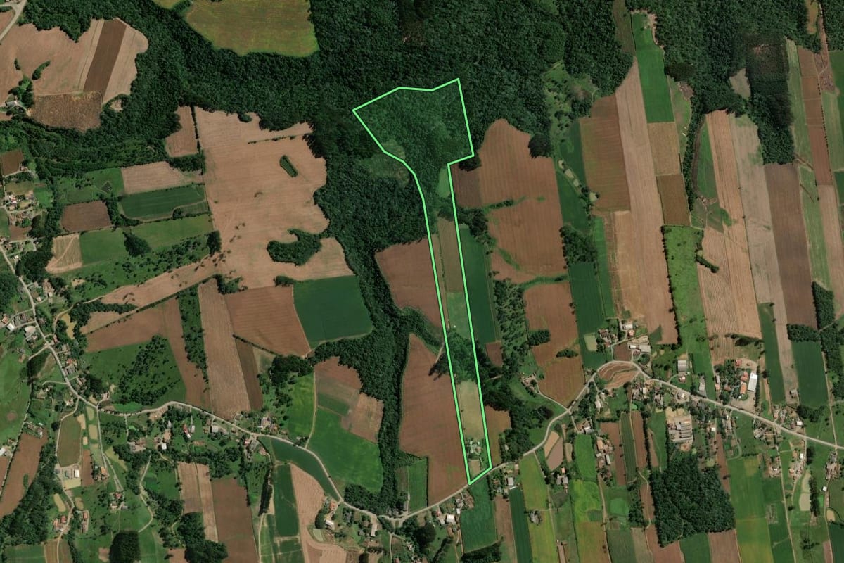 Imagem de satélite do imóvel rural em Rio do Campo (SC), com o contorno declarado no CAR desenhado por cima.