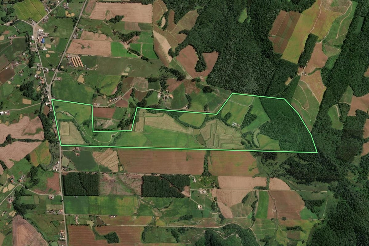 Imagem de satélite do imóvel rural em Rio do Campo (SC), com o contorno declarado no CAR desenhado por cima.