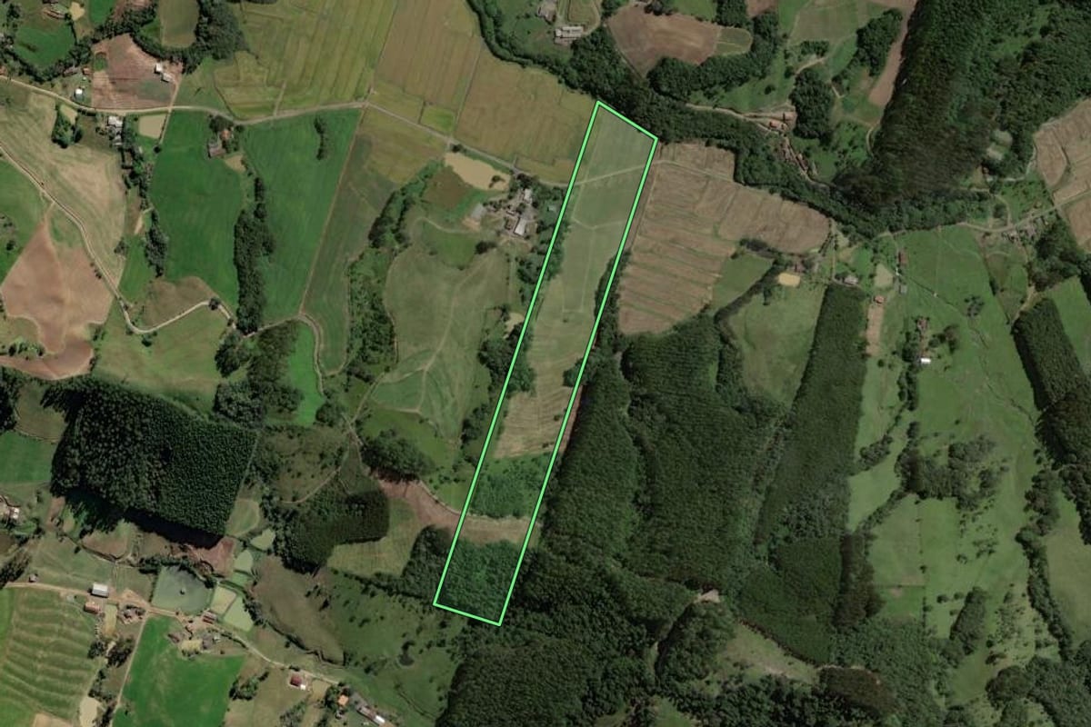 Imagem de satélite do imóvel rural em Rio do Campo (SC), com o contorno declarado no CAR desenhado por cima.