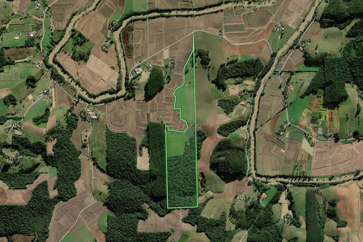 Imagem de satélite do imóvel rural em Rio do Oeste (SC), com o contorno declarado no CAR desenhado por cima.
