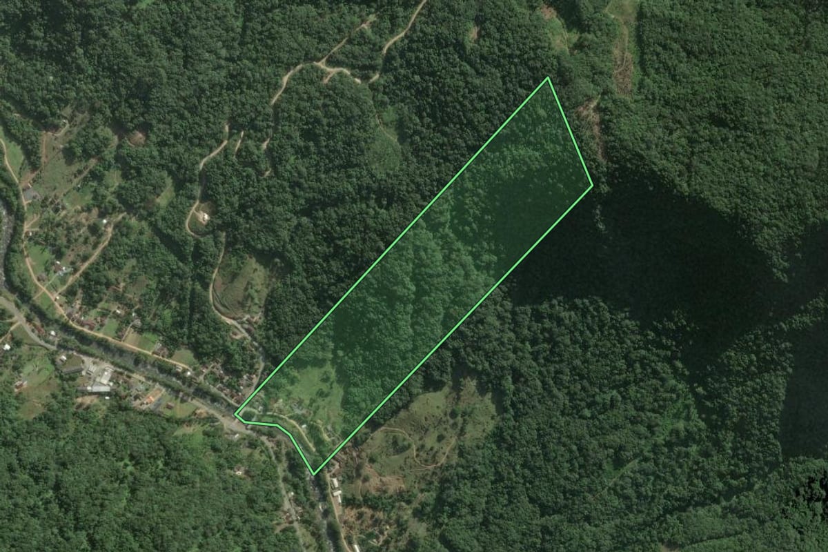 Imagem de satélite do imóvel rural em Rio dos Cedros (SC), com o contorno declarado no CAR desenhado por cima.