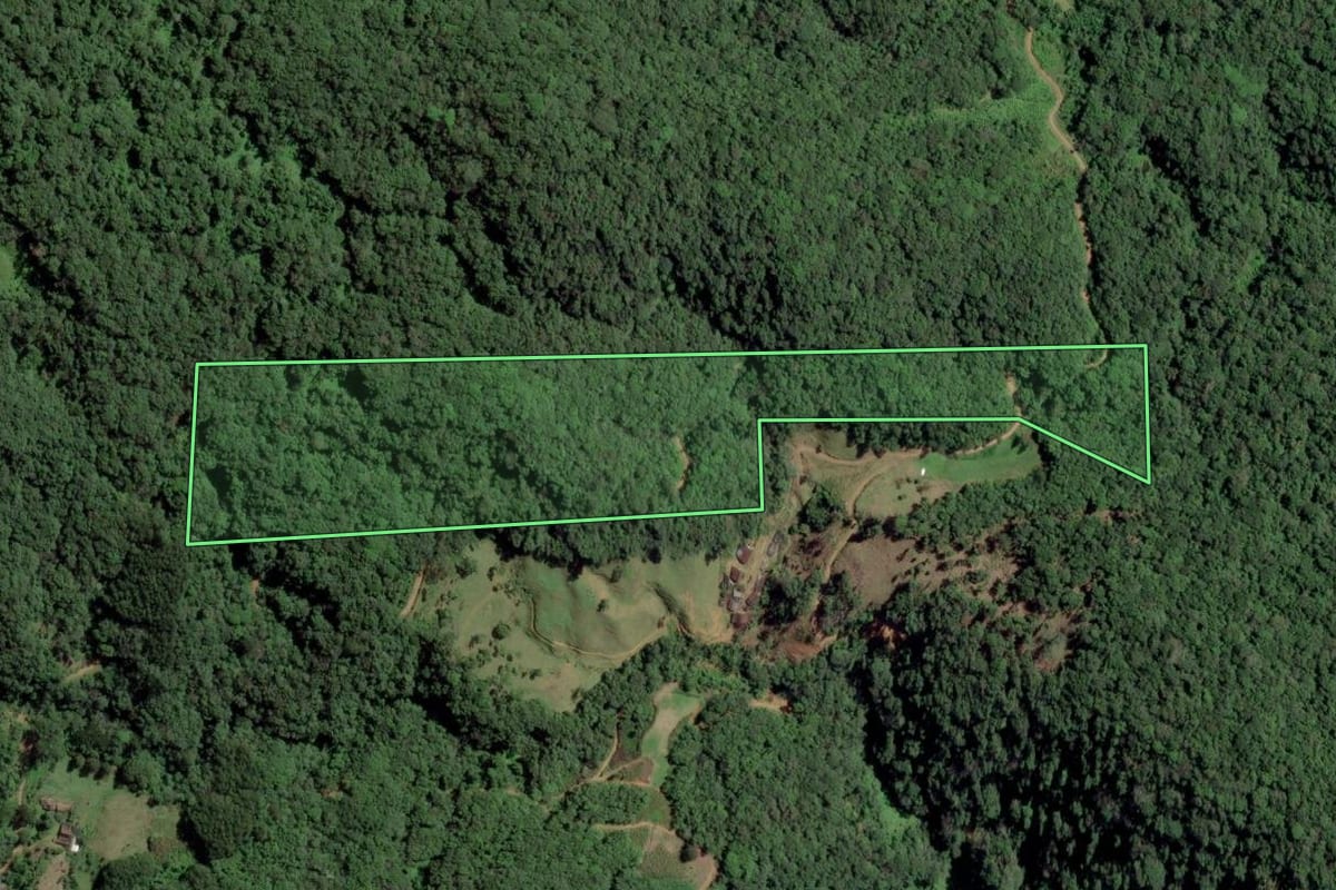 Imagem de satélite do imóvel rural em Rio dos Cedros (SC), com o contorno declarado no CAR desenhado por cima.