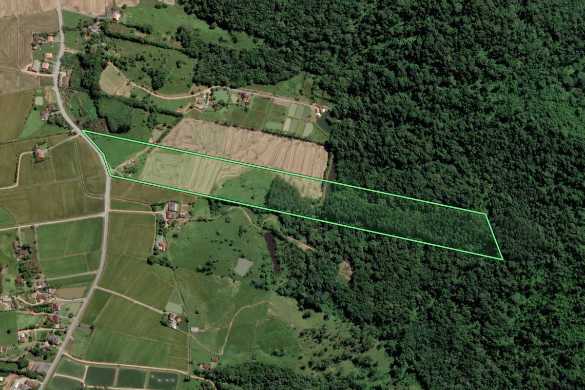Imagem de satélite do imóvel rural em Rio dos Cedros (SC), com o contorno declarado no CAR desenhado por cima.
