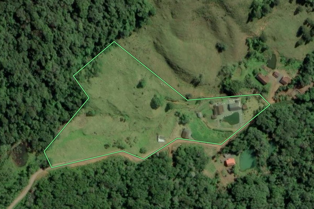 Imagem de satélite do imóvel rural em Rio dos Cedros (SC), com o contorno declarado no CAR desenhado por cima.
