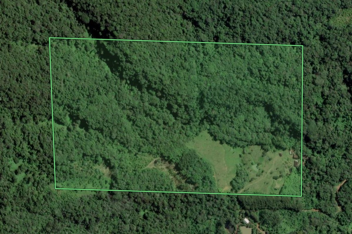 Imagem de satélite do imóvel rural em Rio dos Cedros (SC), com o contorno declarado no CAR desenhado por cima.
