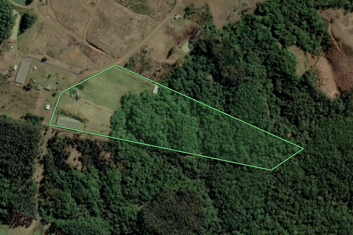 Imagem de satélite do imóvel rural em Rio dos Cedros (SC), com o contorno declarado no CAR desenhado por cima.
