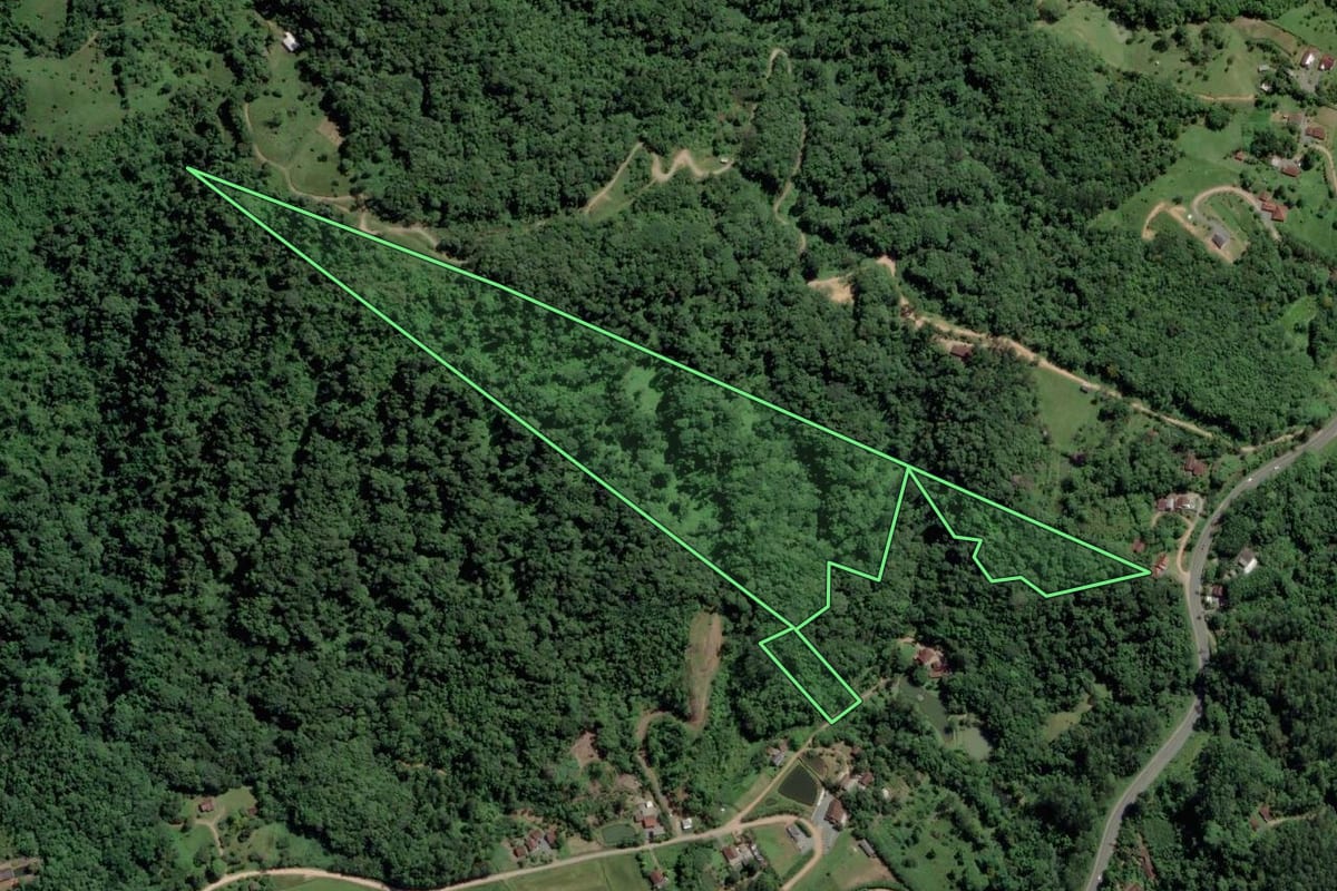 Imagem de satélite do imóvel rural em Rio dos Cedros (SC), com o contorno declarado no CAR desenhado por cima.