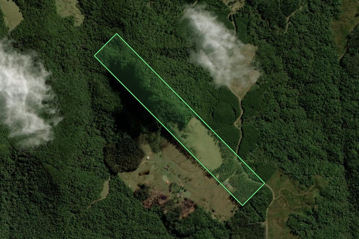 Imagem de satélite do imóvel rural em Rio dos Cedros (SC), com o contorno declarado no CAR desenhado por cima.