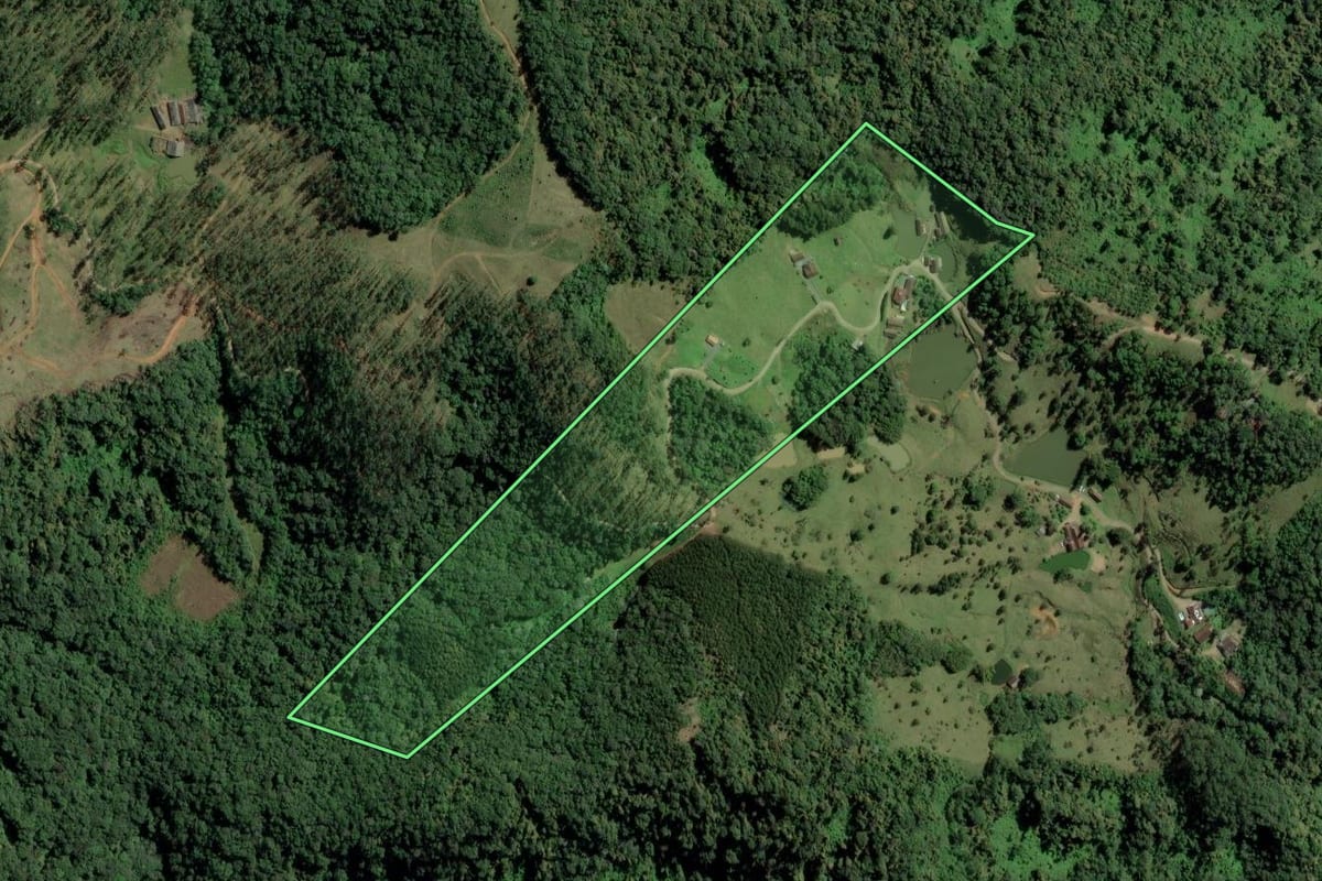 Imagem de satélite do imóvel rural em Rio dos Cedros (SC), com o contorno declarado no CAR desenhado por cima.