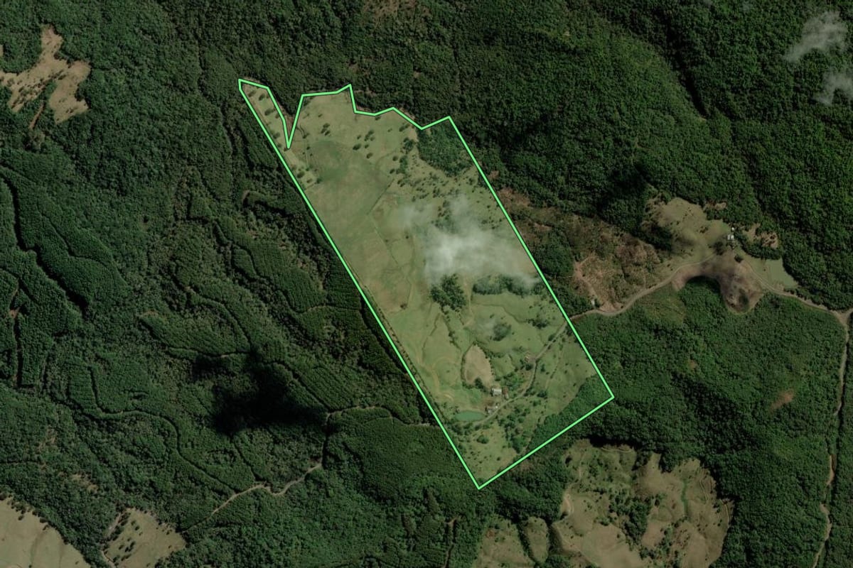 Imagem de satélite do imóvel rural em Rio dos Cedros (SC), com o contorno declarado no CAR desenhado por cima.