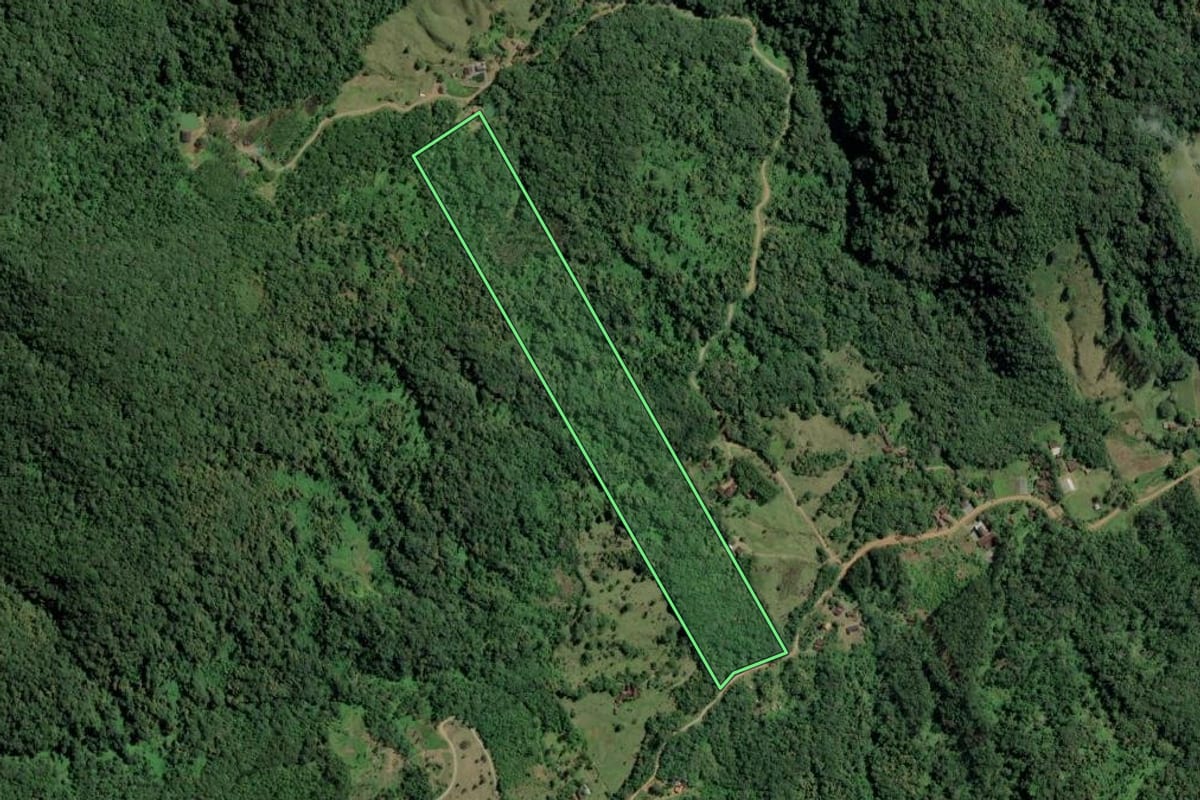 Imagem de satélite do imóvel rural em Rio dos Cedros (SC), com o contorno declarado no CAR desenhado por cima.
