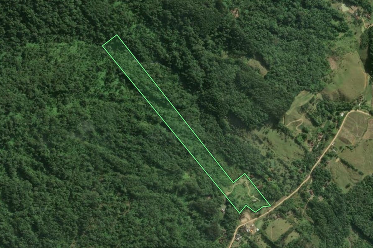 Imagem de satélite do imóvel rural em Rio dos Cedros (SC), com o contorno declarado no CAR desenhado por cima.